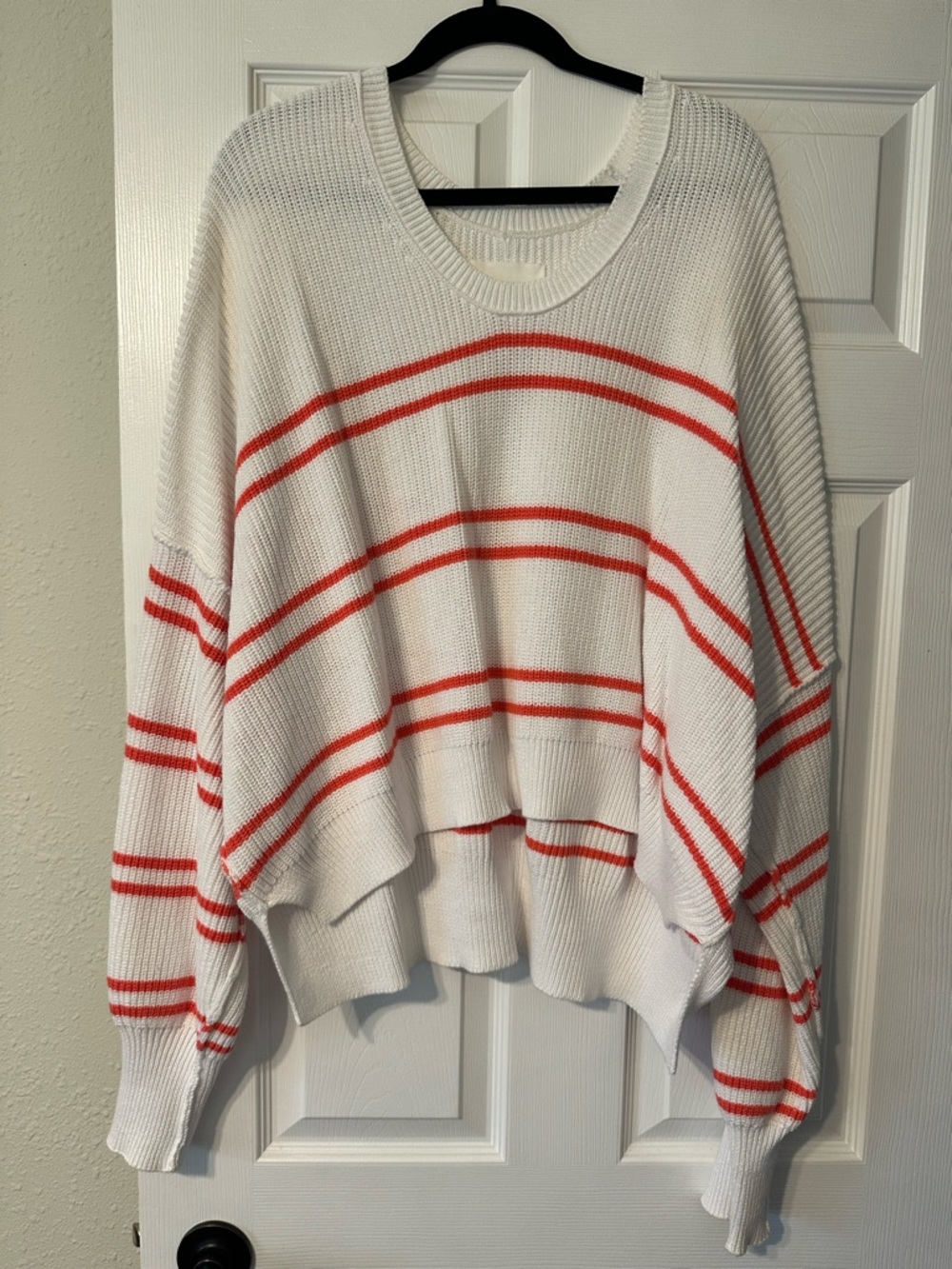 aerie White Crewneck Sweater with Pink Stripes